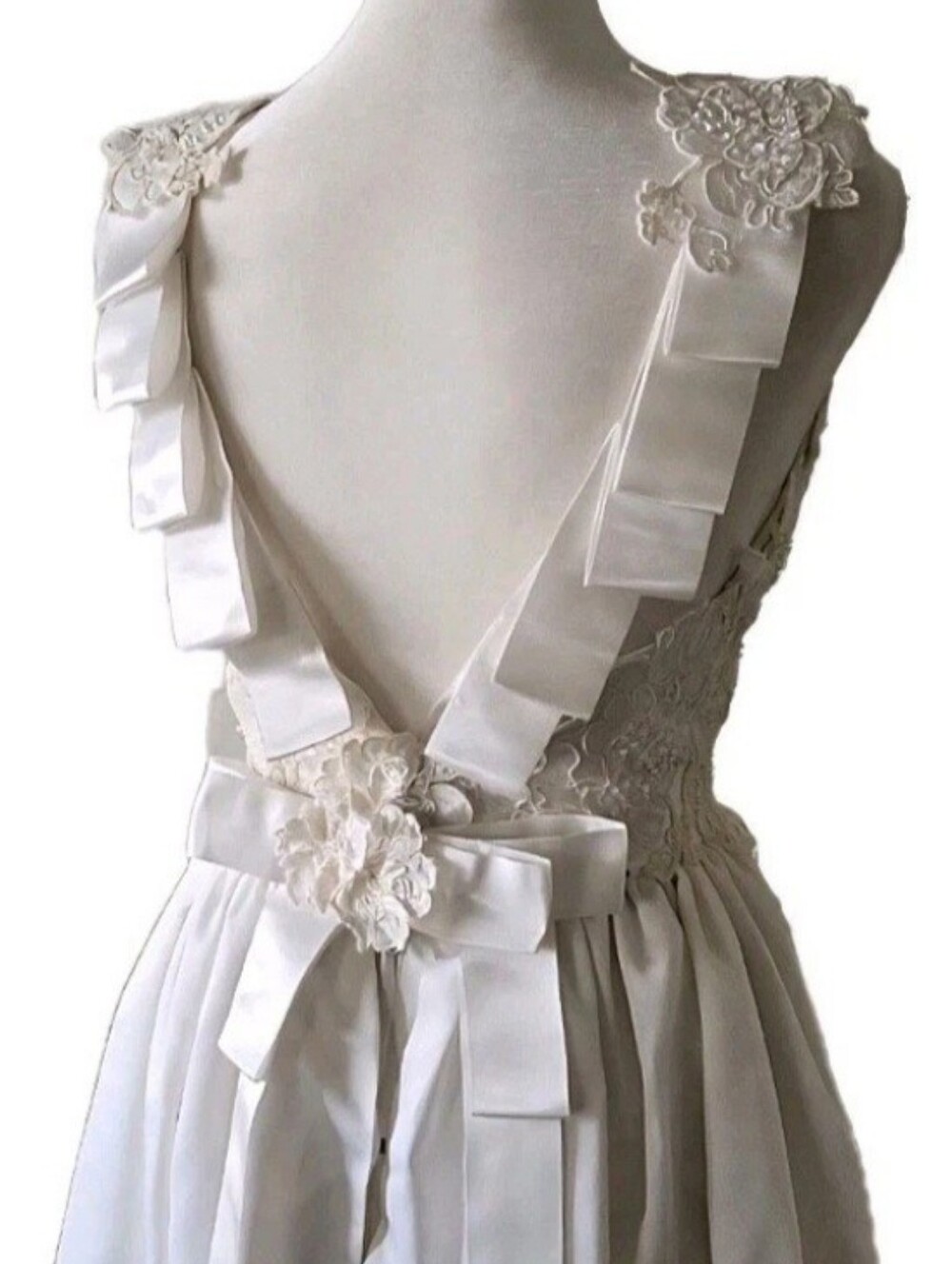 Vtg 90s Ron LoVece Silk Satin Wedding Gown, Flower Appliqué